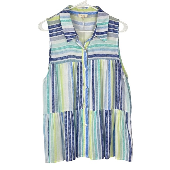 LA MIEL Tops - Striped Colorful‎ Sleeveless Babydoll Button Down Top Lightweight Beachy NWT